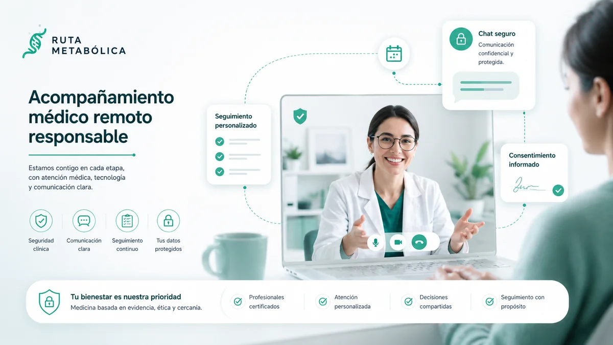 Ilustración de acompañamiento médico remoto responsable y comunicación clara