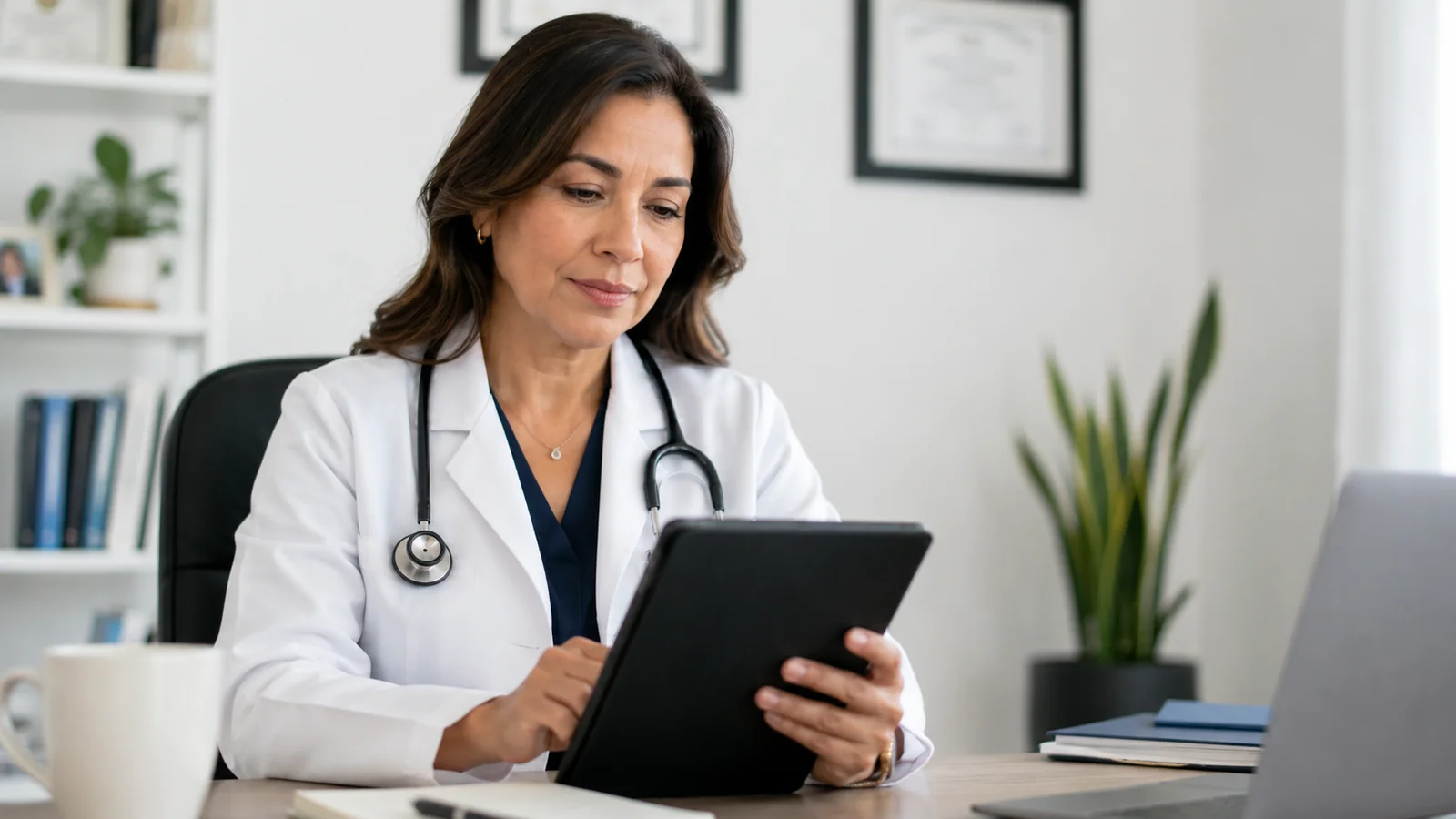 Doctora revisando caso de paciente con efectos secundarios en tratamiento médico
