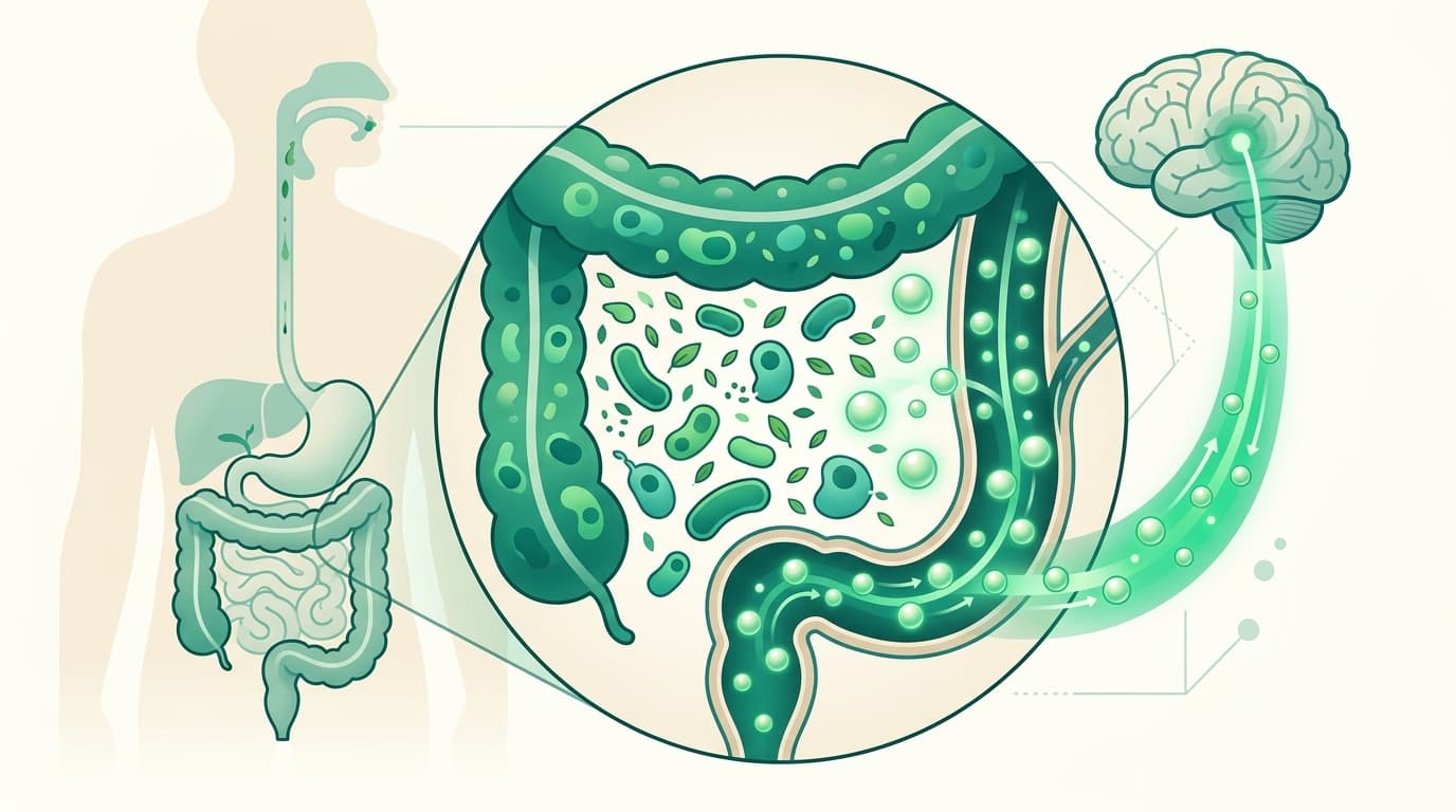 Esquema simplificado que muestra cómo las bacterias fermentan la fibra en el colon liberando ácidos grasos y estimulando la saciedad