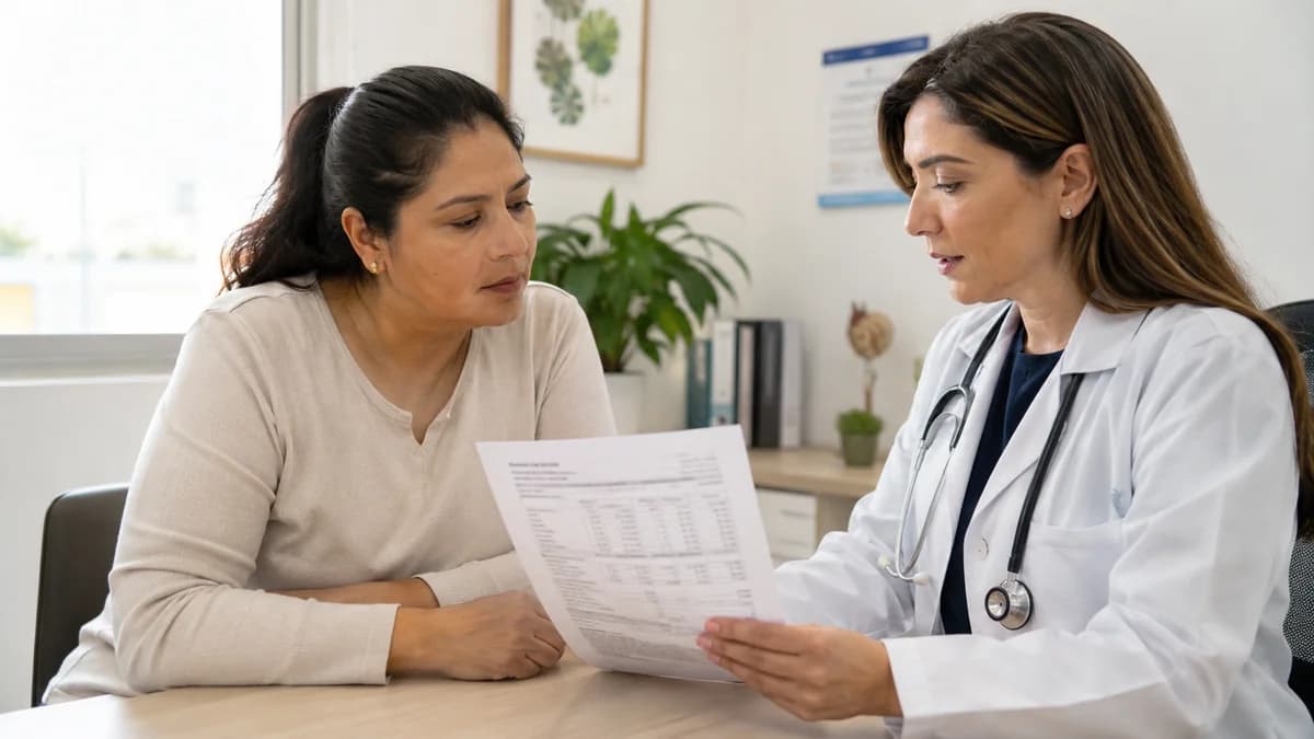 Mujer mexicana revisando resultados de laboratorio con su doctora en una consulta médica