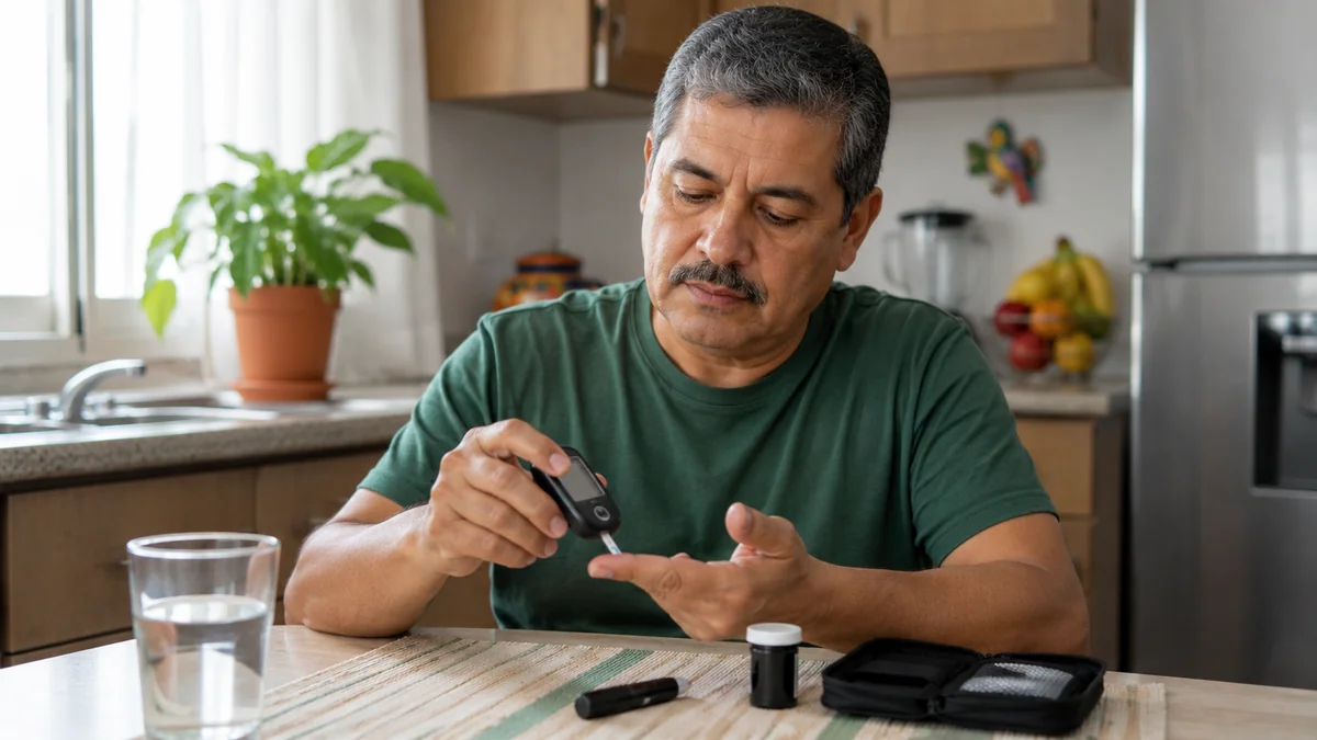 Persona mexicana midiendo glucosa en casa como parte de seguimiento médico