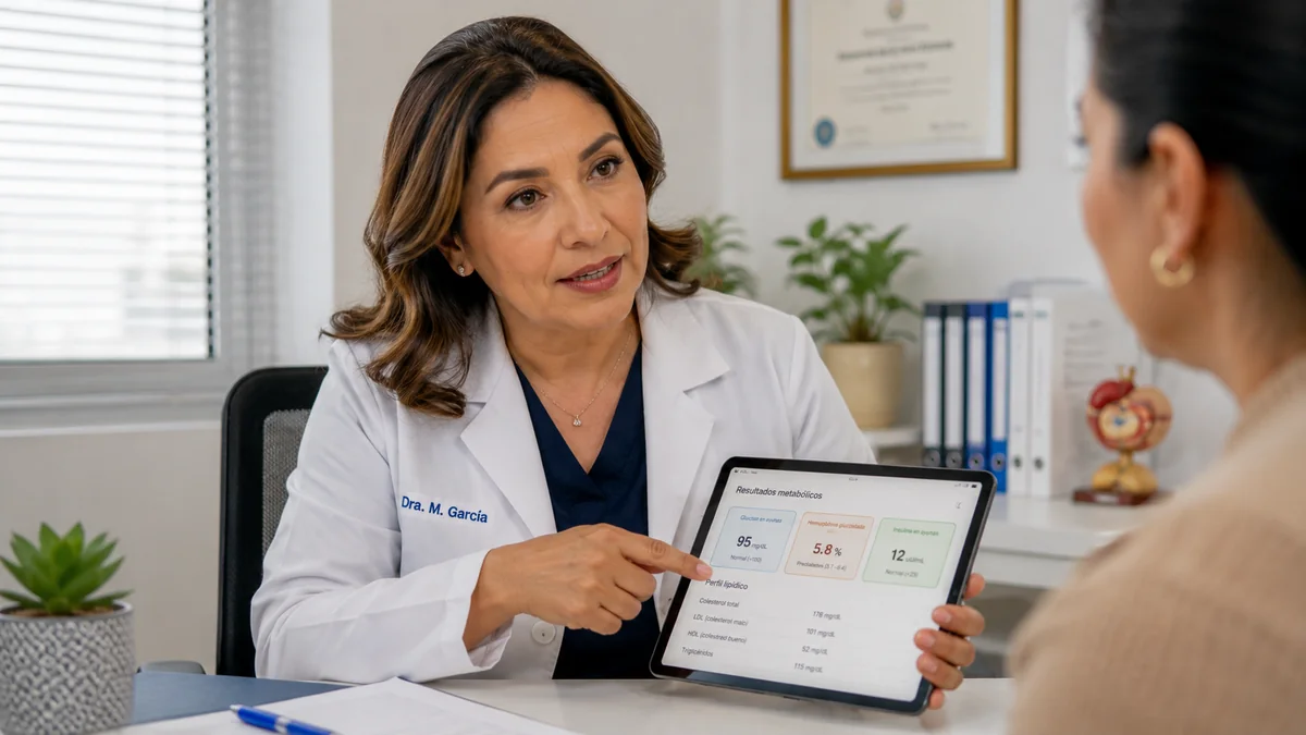 Doctora mexicana explicando resultados metabólicos a paciente en consulta médica