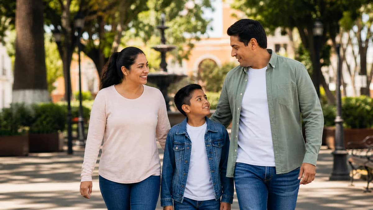 Familia mexicana caminando en un parque como parte de hábitos sostenibles