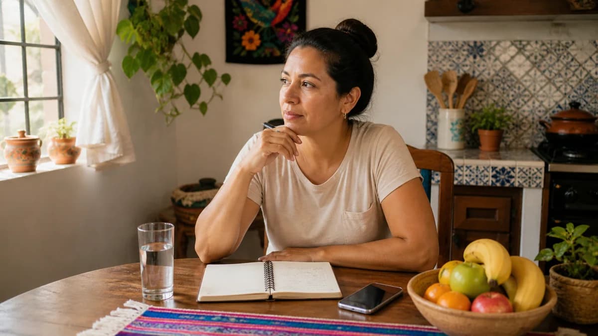 Mujer mexicana revisando datos de salud metabólica en casa