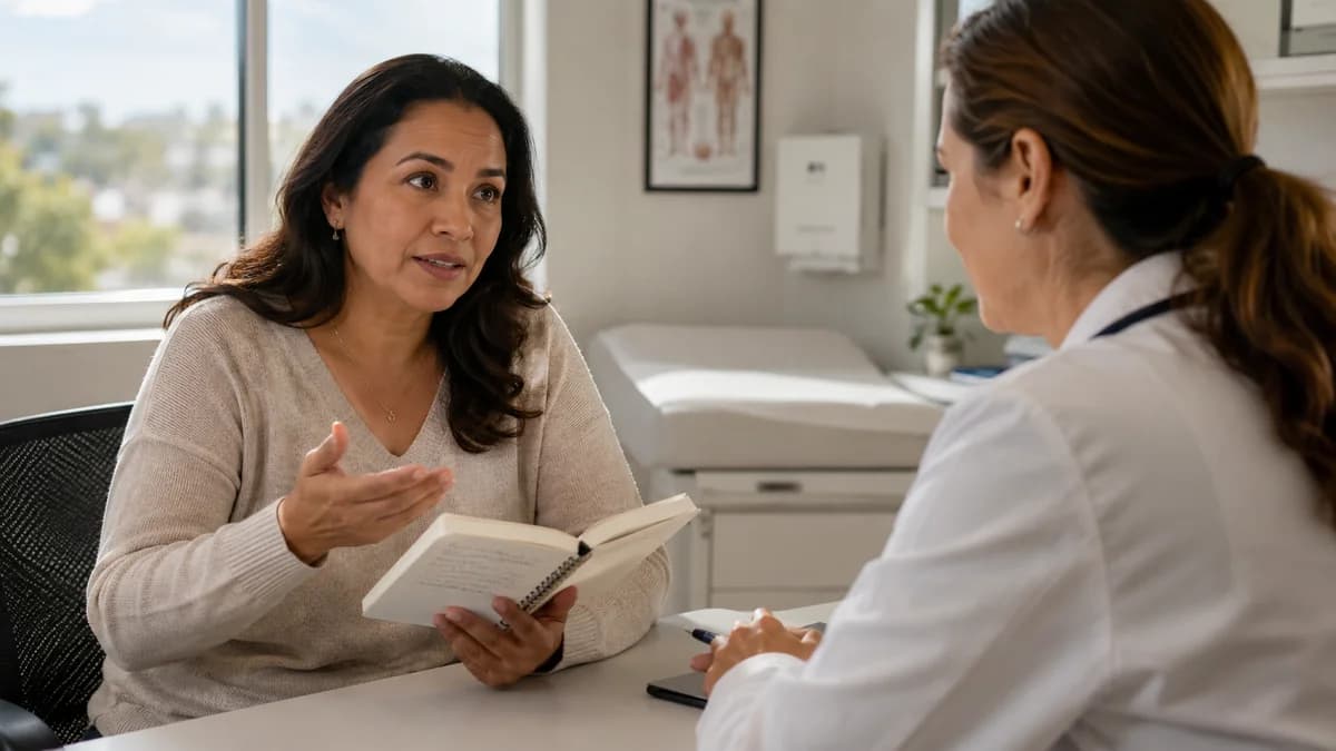 Paciente mexicana hablando con su doctora sobre un tratamiento metabólico en consultorio