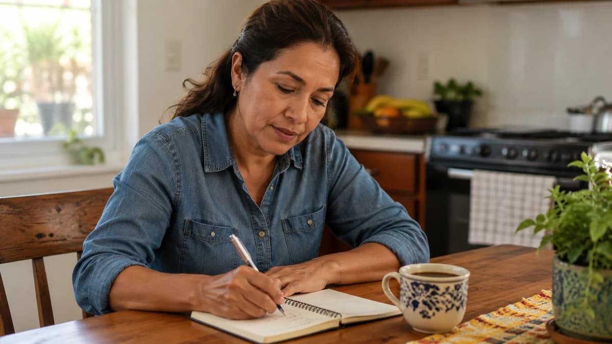 Persona mexicana tomando notas en un cuaderno antes de su consulta médica