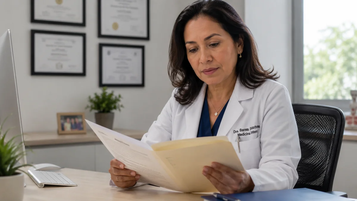 Doctora mexicana revisando expediente médico antes de orientar a paciente sobre tratamiento