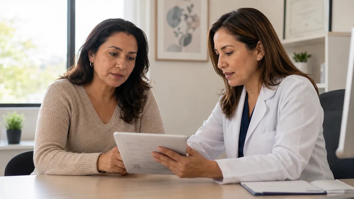 Persona consultando con médica sobre su tratamiento metabólico en consultorio