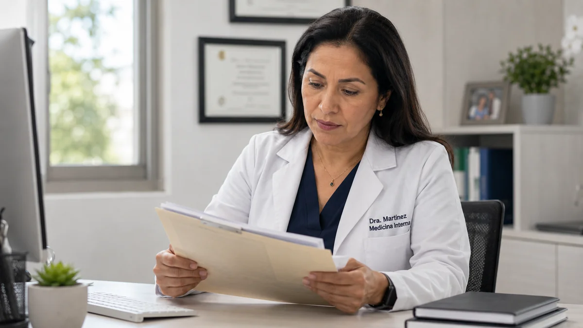 Doctora mexicana revisando expediente de paciente antes de orientar sobre tratamiento