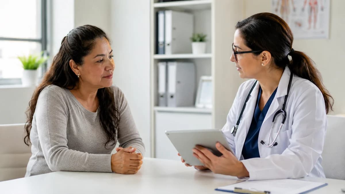 Mujer mexicana en consulta médica revisando datos de salud metabólica con su doctora