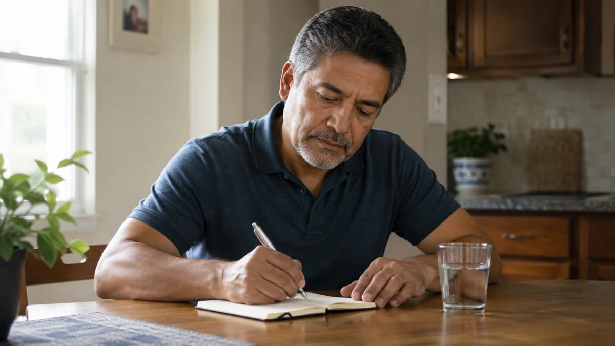 Persona revisando datos de salud en casa como parte de seguimiento médico metabólico