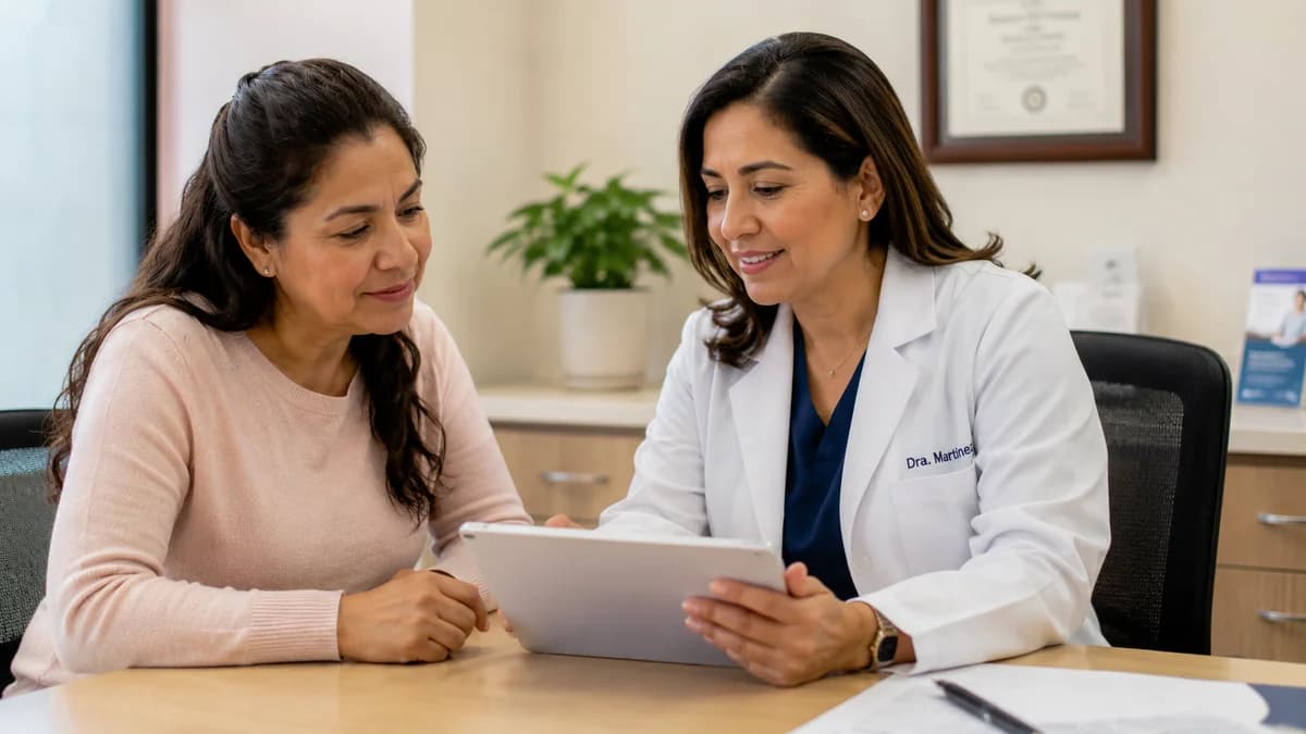 Doctora mexicana acompañando a paciente durante seguimiento médico metabólico