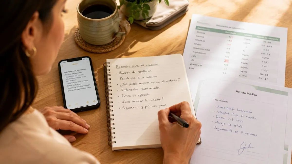 Persona escribiendo sus preguntas y datos de salud en una libreta antes de su consulta médica en línea