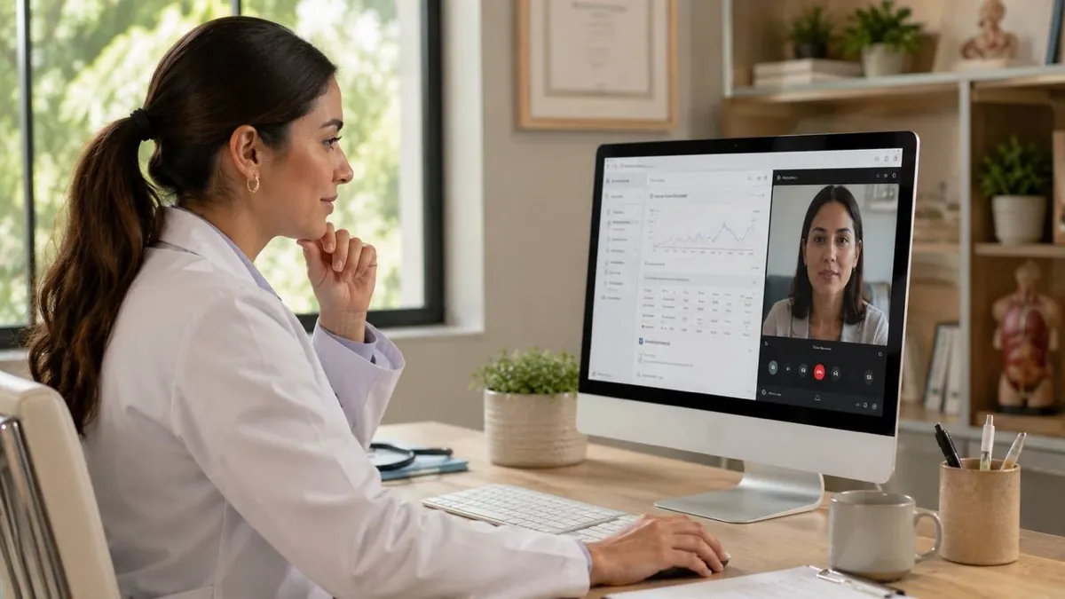 Médica revisando datos clínicos de un paciente durante una videollamada de consulta metabólica en línea