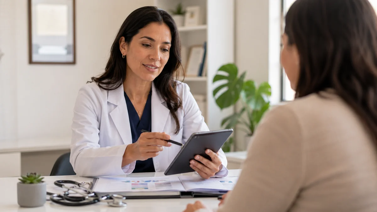 Médica revisando historial clínico de paciente durante consulta de seguimiento metabólico