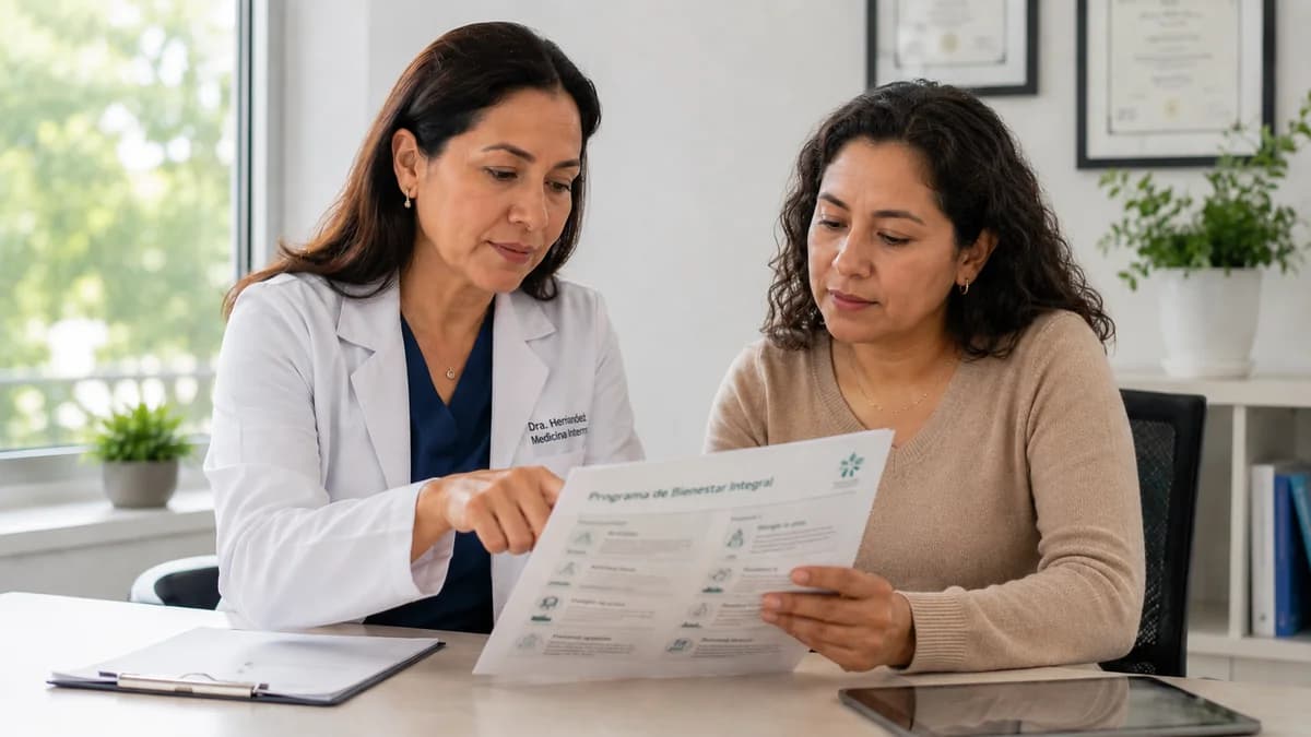 Doctora mexicana acompañando a paciente durante seguimiento médico en consultorio