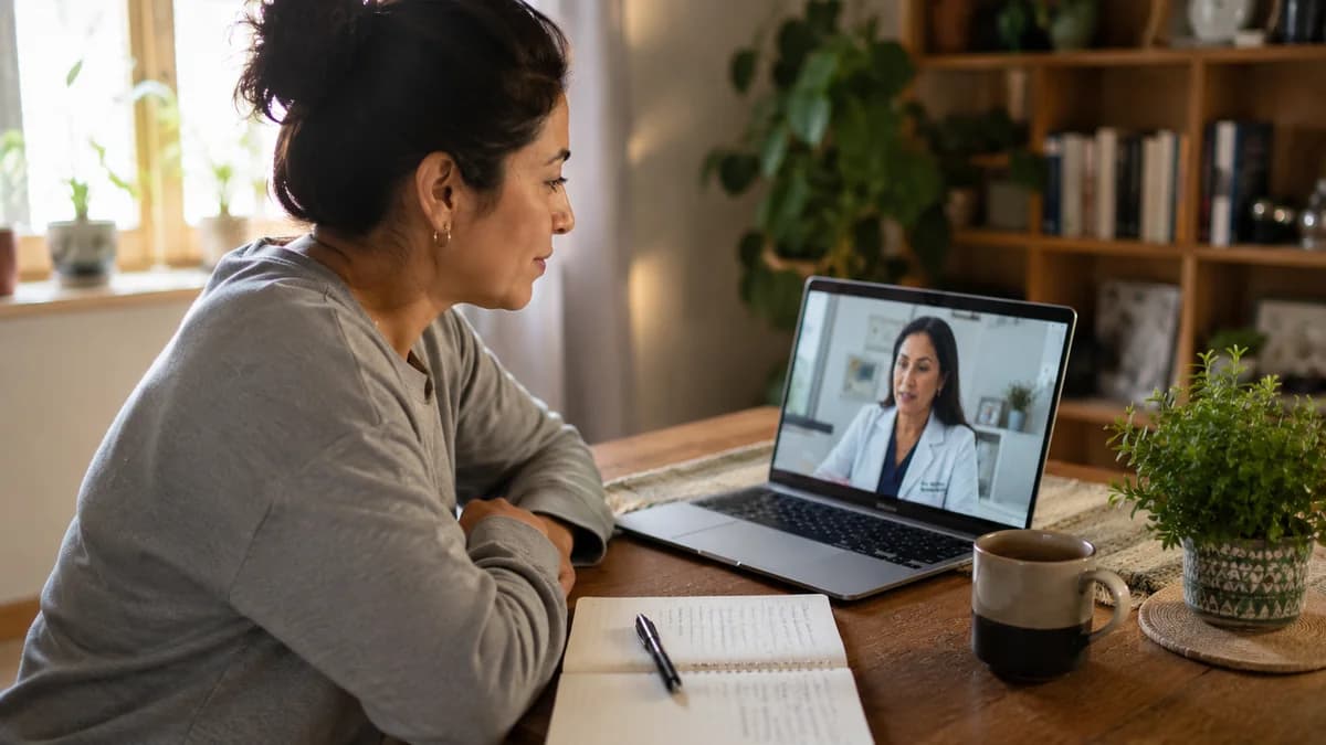 Persona mexicana en videollamada con médica durante seguimiento remoto de programa metabólico