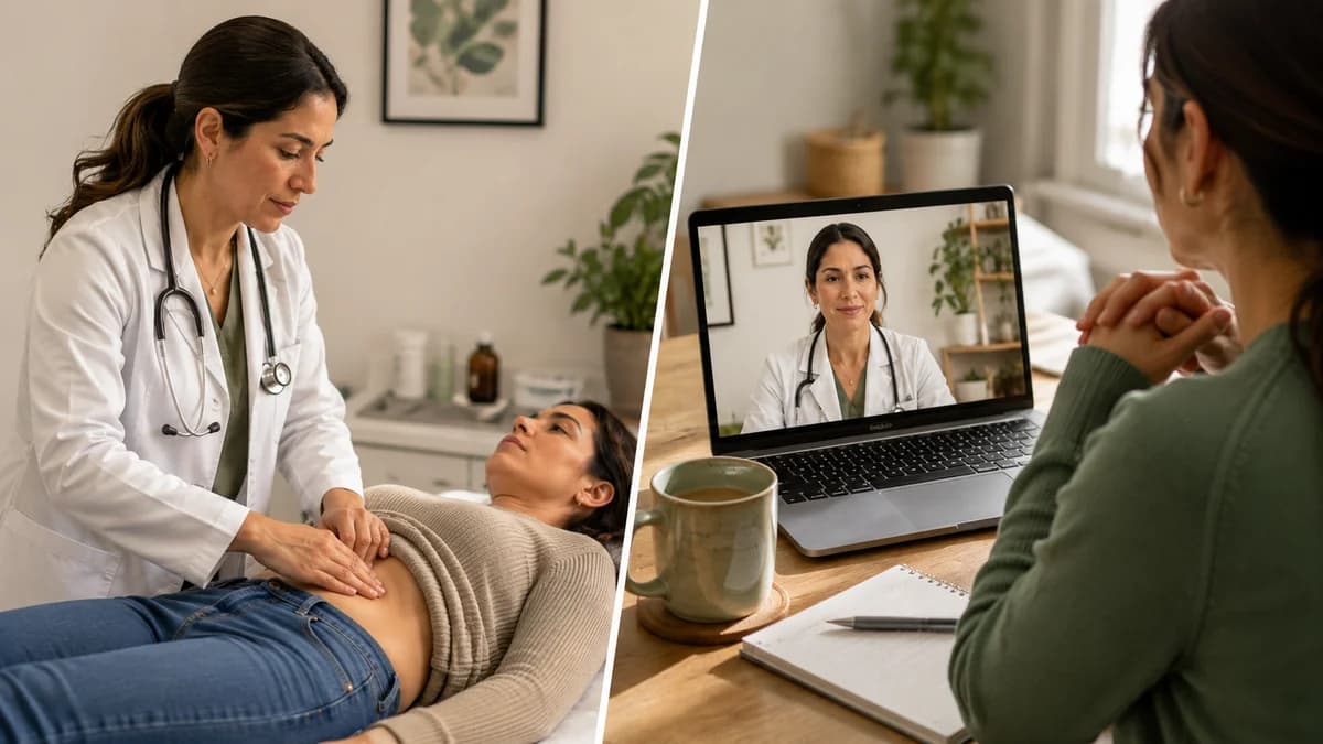 Mujer en videollamada con su médico desde casa, mostrando resultados de laboratorio en pantalla durante una consulta de seguimiento metabólico