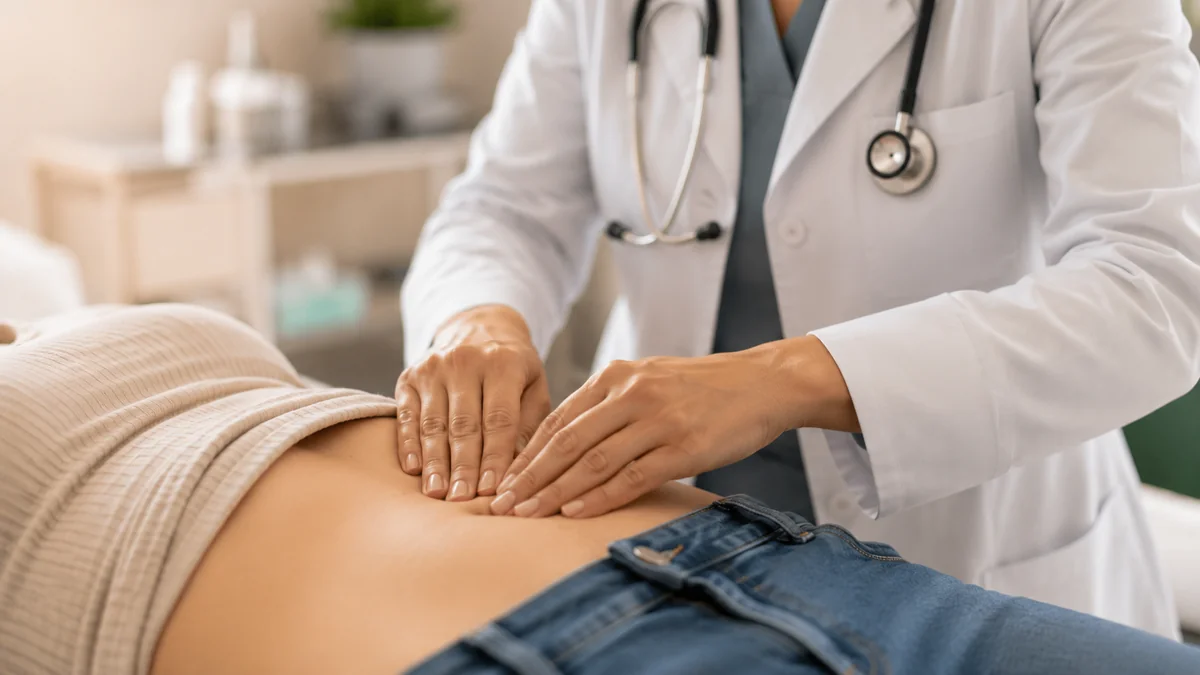 Médico realizando exploración física abdominal a un paciente en consultorio, con estetoscopio y equipo médico visible