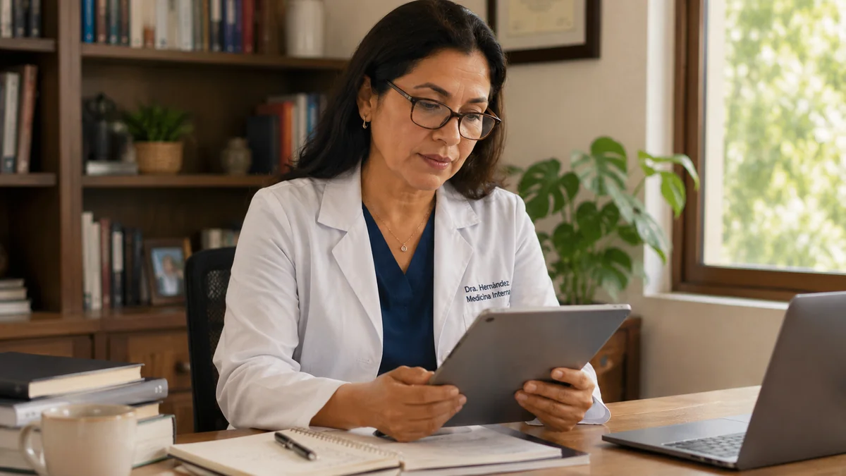 Persona mexicana en consulta médica hablando sobre antecedentes de salud metabólica