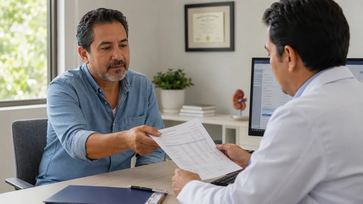 Médica revisando resultados de paciente en tablet durante seguimiento médico a distancia