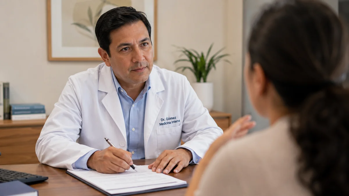 Doctora mexicana tomando notas durante primera consulta con paciente sobre salud metabólica