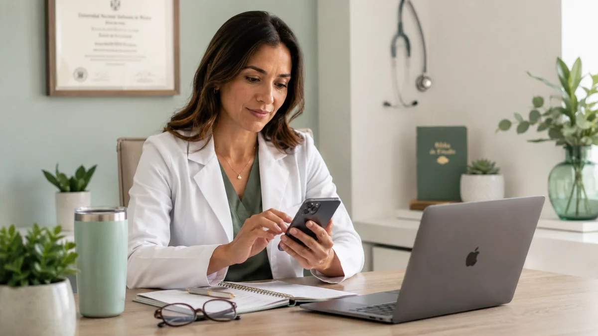 Médica respondiendo mensaje de seguimiento metabólico desde su computadora con historial clínico abierto