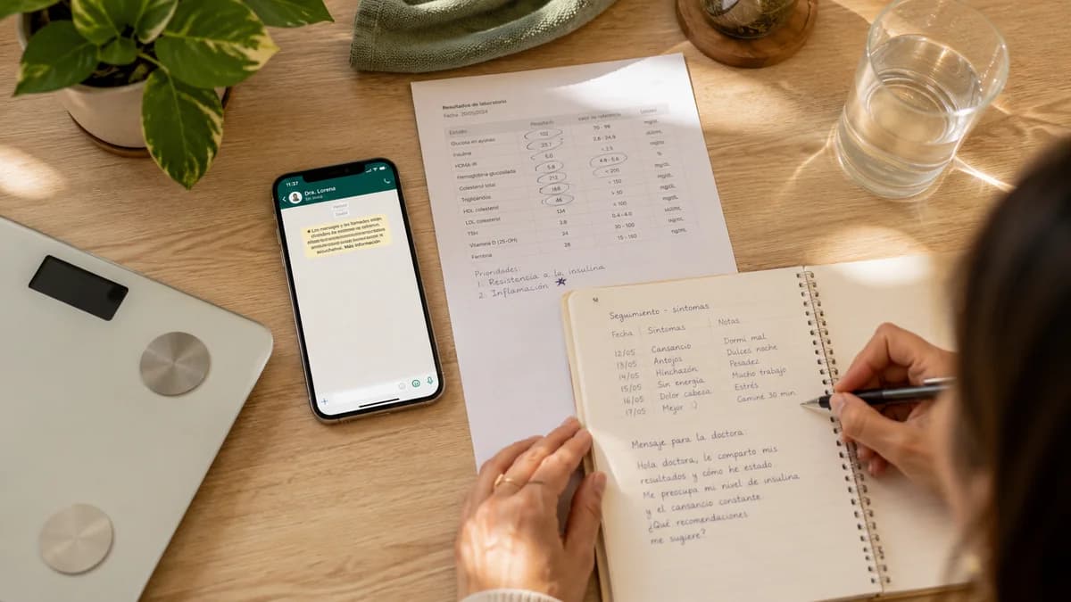 Persona organizando su información de salud antes de enviar un mensaje de seguimiento médico por WhatsApp
