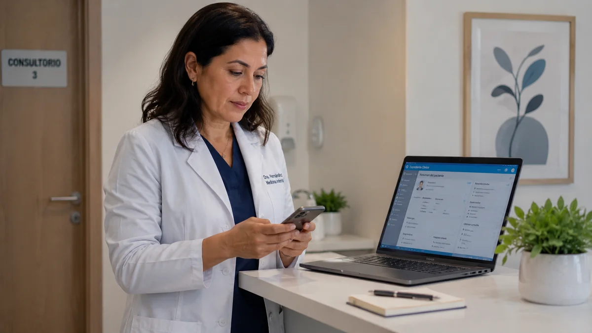 Doctora mexicana respondiendo mensajes de seguimiento médico desde su computadora en consultorio