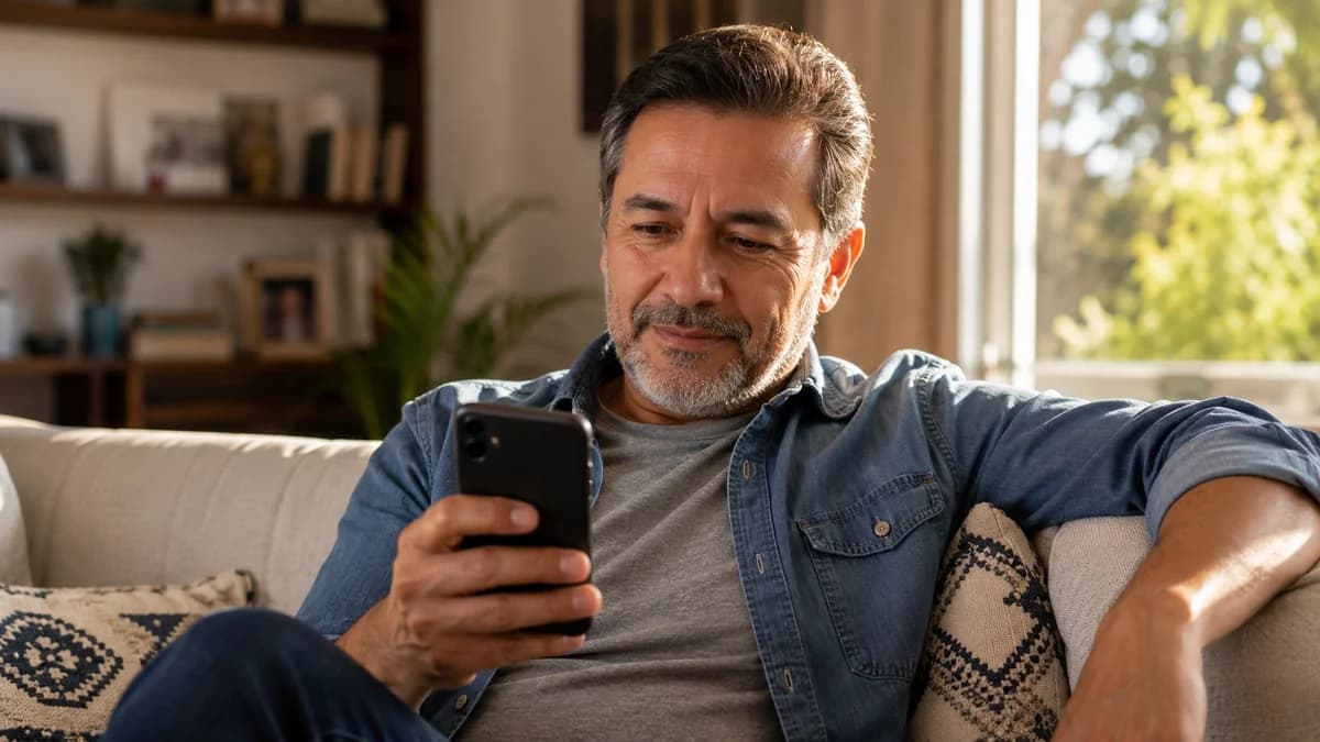 Persona en casa leyendo respuesta de su médico en el teléfono con expresión de alivio