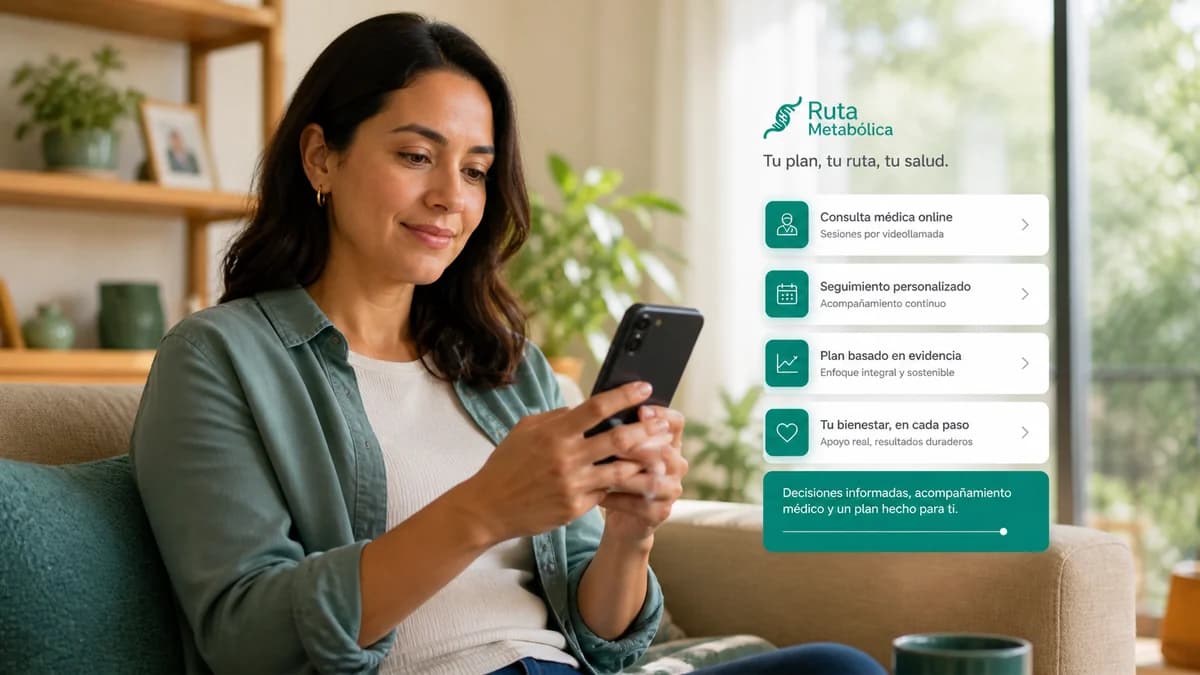 Persona mexicana revisando su programa médico de Ruta Metabólica en el celular